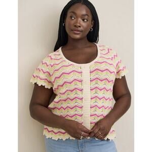 Torrid Pink Green Zig Zag Print Pointelle Crochet Short Sleeve Pullover size 1X
